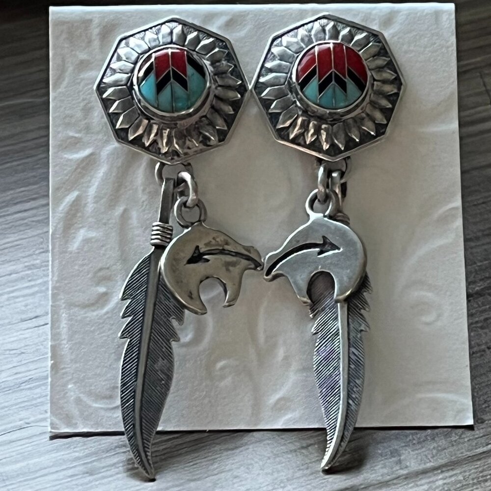 Sterling Silver, Turquoise and Coral Navajo Inlaid Earrings